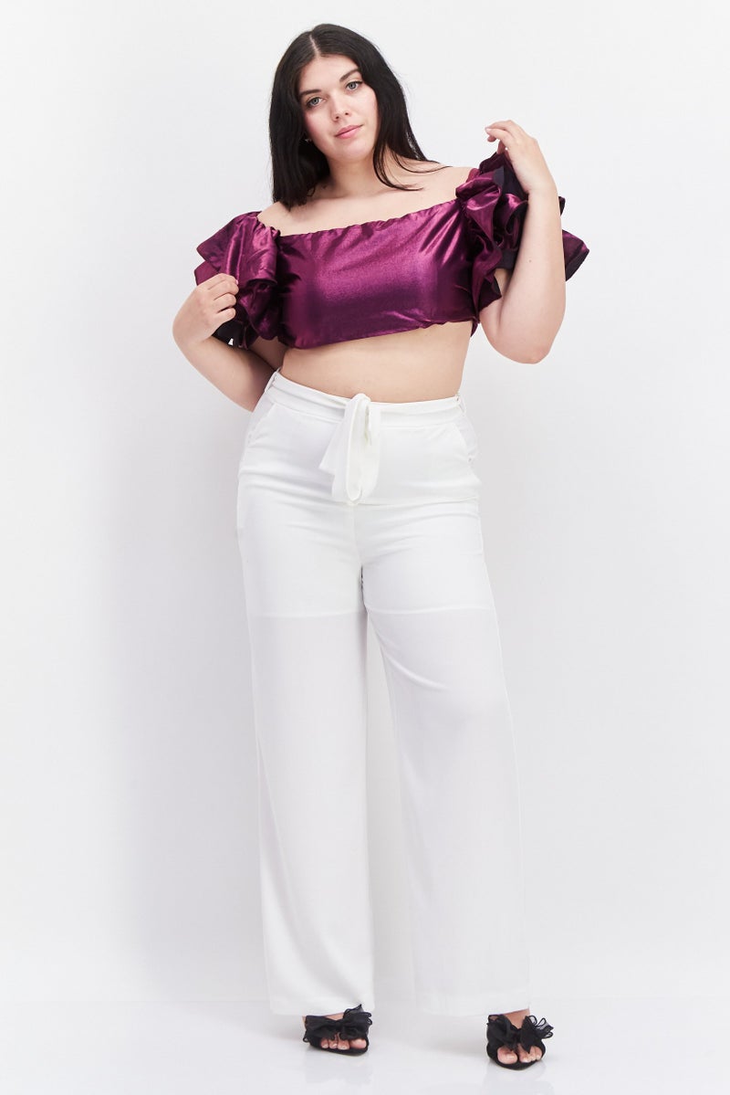 Yaura Women Square Neck Ruffle Sleeve Metallic Crop Top, Purple - Image 4